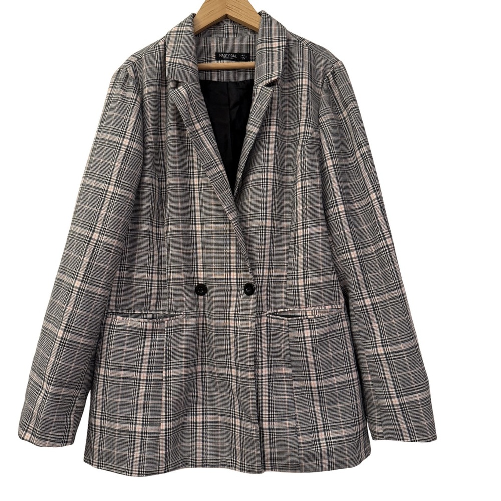 Nasty Gal Womens Plaid Double Breasted Blazer Jacket Gray Pink, Size US 8 Career